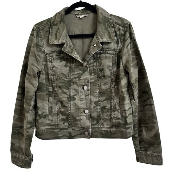 LOFT GORPCORE UTILITY ARMY CAMO CROPPED BUTTON UP LONG SLEEVE JACKET MEDIUM - Picture 1 of 13